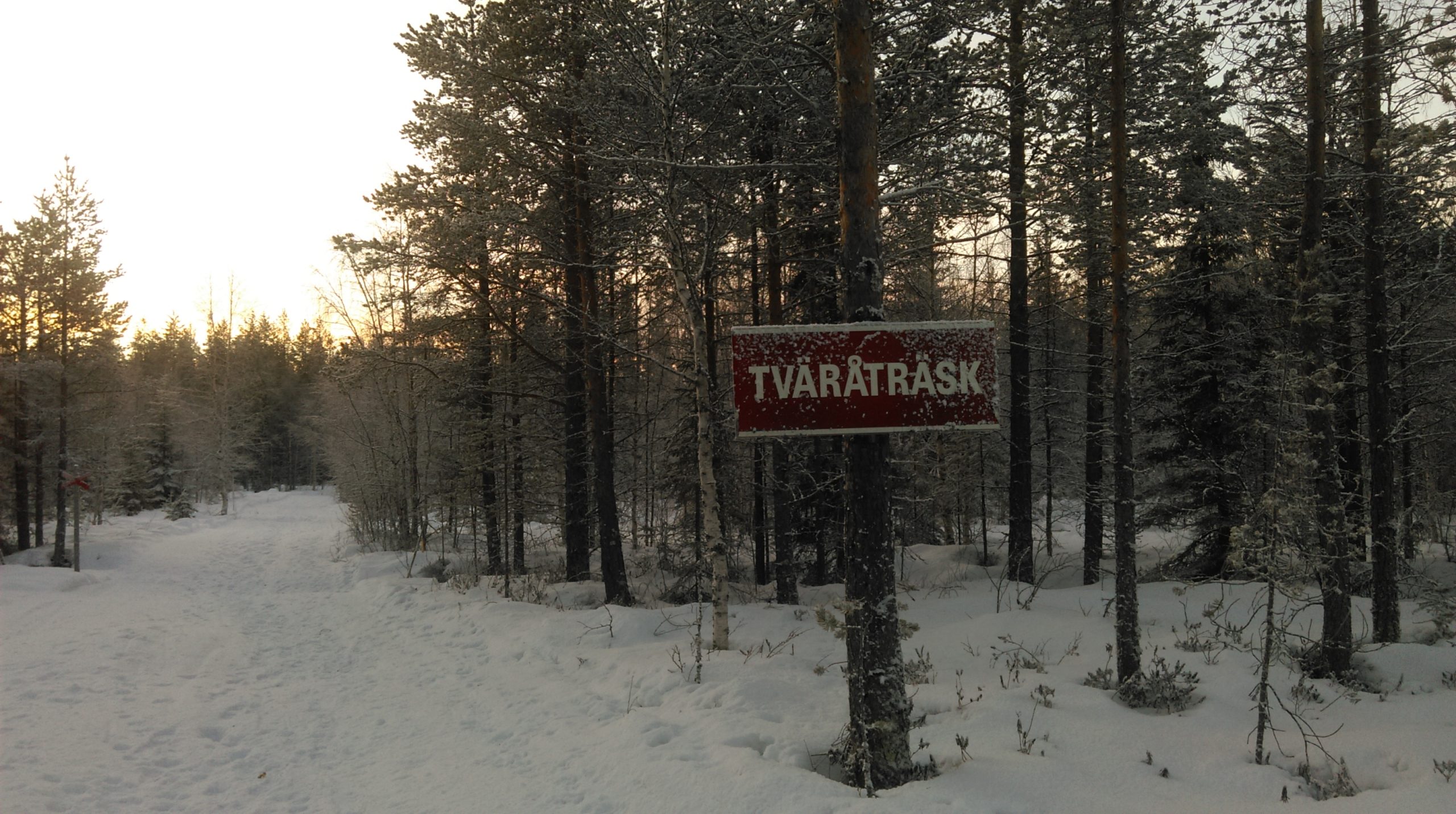 Sign for Village of Tväråträsk in Lapland, Sweden
