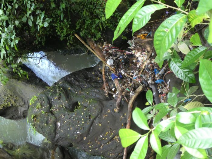 Trash in waterfall in Bali