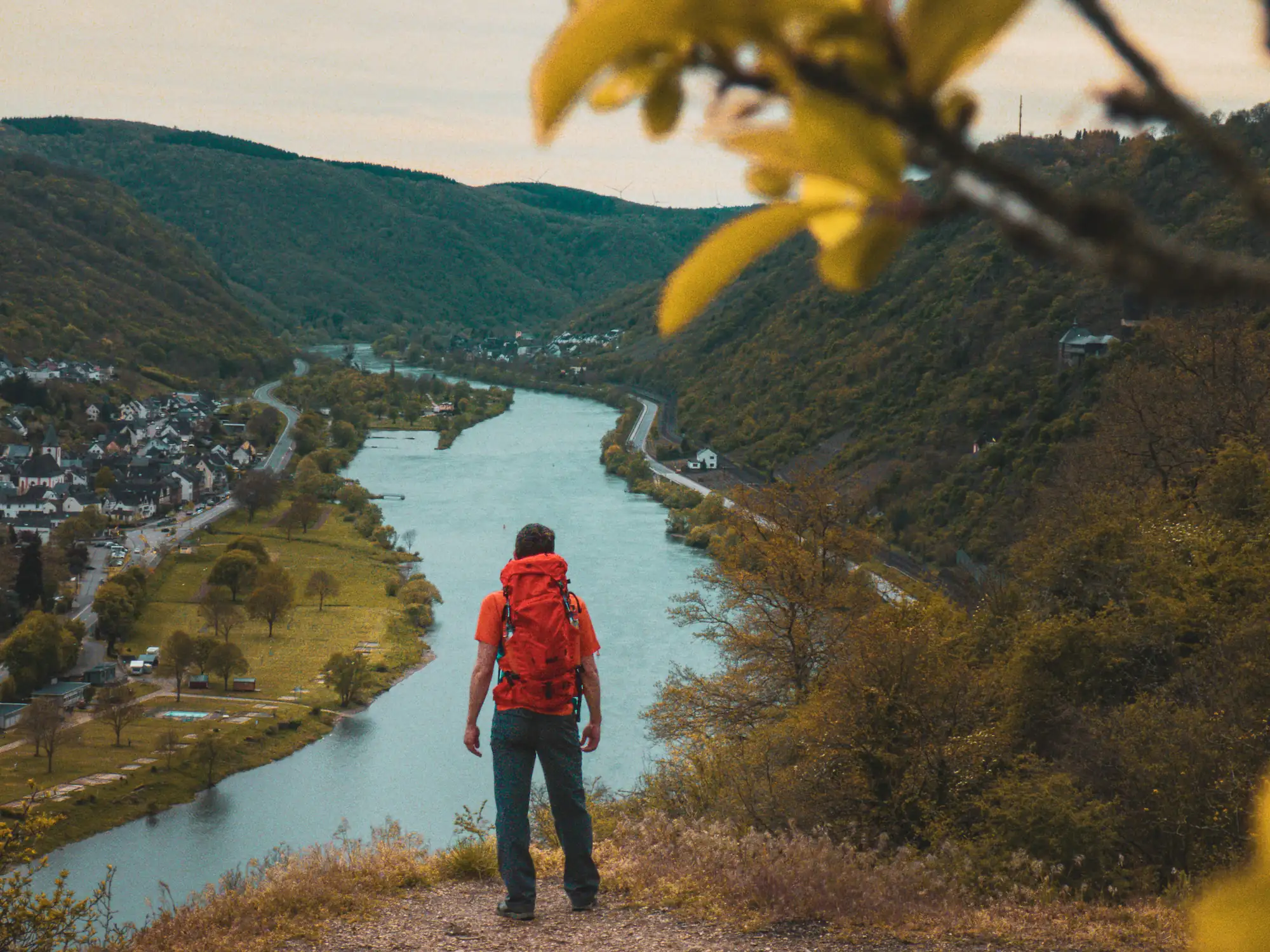 Laysteig Hatzenport Moselle Germany Man standing at the Laysteig viewpoint looking at the Moselle near Hatzenport, Germany