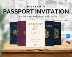 Various finished passport invitations standing upright on a table with supporting information.