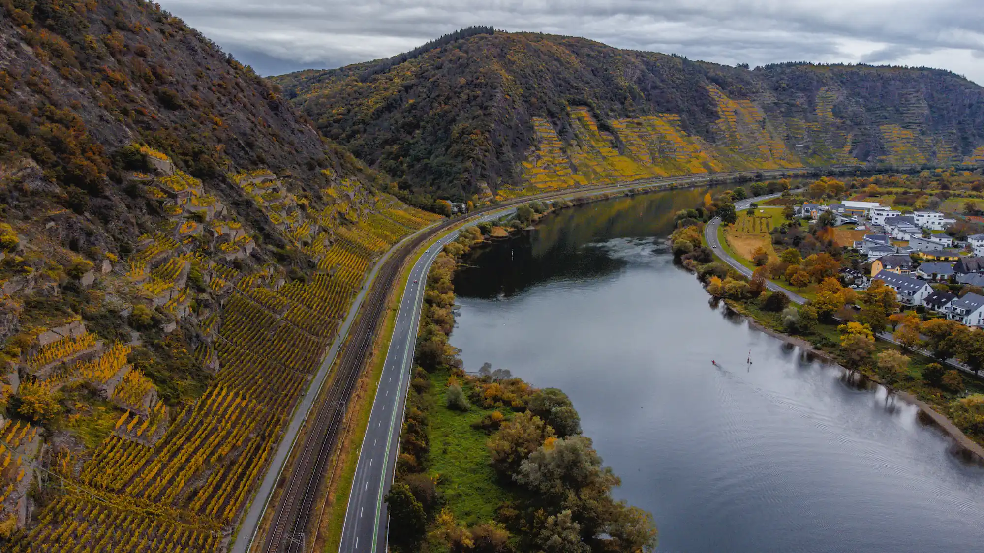 Aerial view of the Moselle River and vineyards in Dieblich