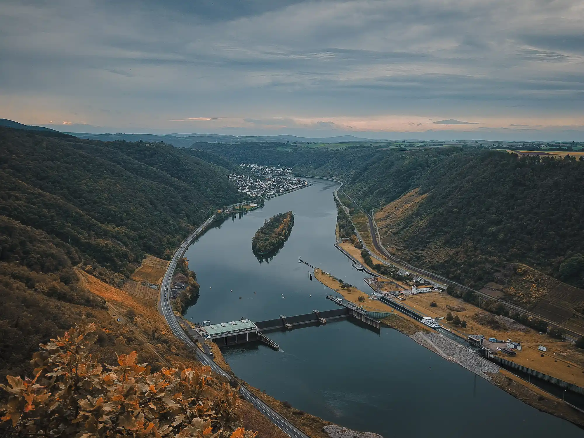 Viewpoint Hitzlay Mosell River Valley Germany View of the Moselle River with canal, dam and island