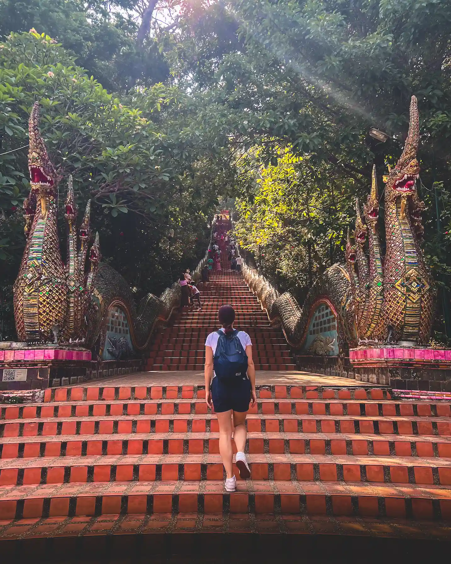 Woman walking up red stairs toward jungle temple